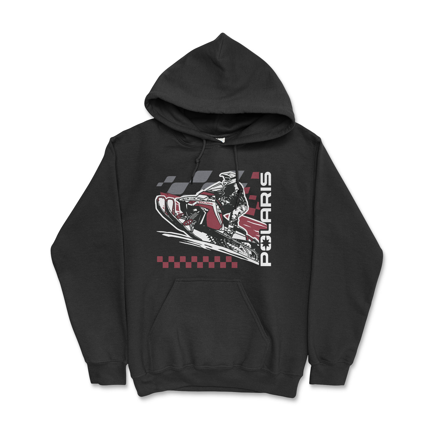 Black hoodie with Polaris snowmobile graphic on a white background