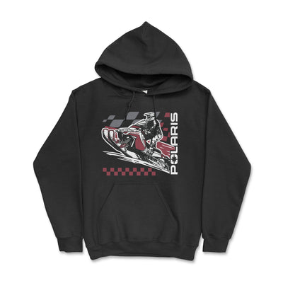 Black hoodie with Polaris snowmobile graphic on a white background