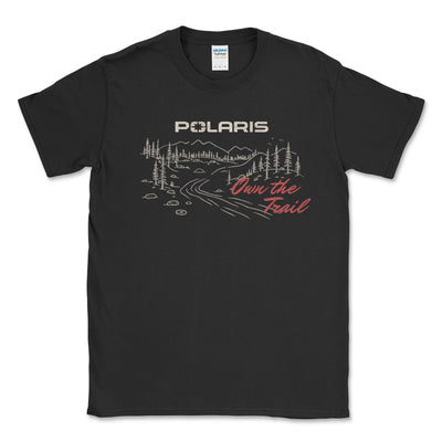 Black t-shirt with Polaris graphic and 'Own the Trail' text on a white background