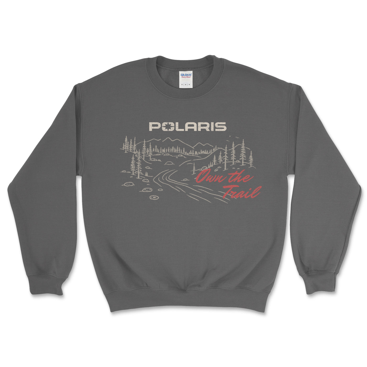 Gray sweatshirt with Polaris logo and 'Own the Trail' text on a white background