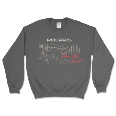 Gray sweatshirt with Polaris logo and 'Own the Trail' text on a white background