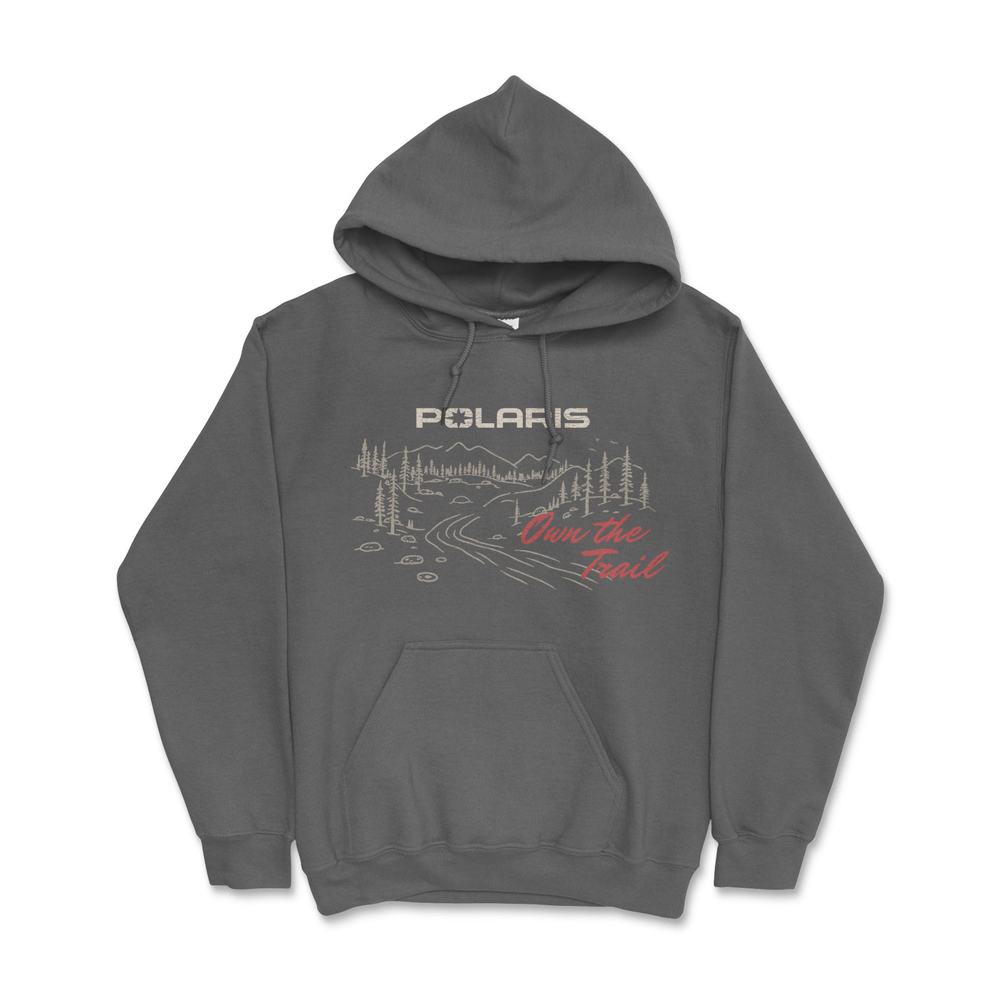 Gray hoodie with Polaris logo and graphic design on a white background