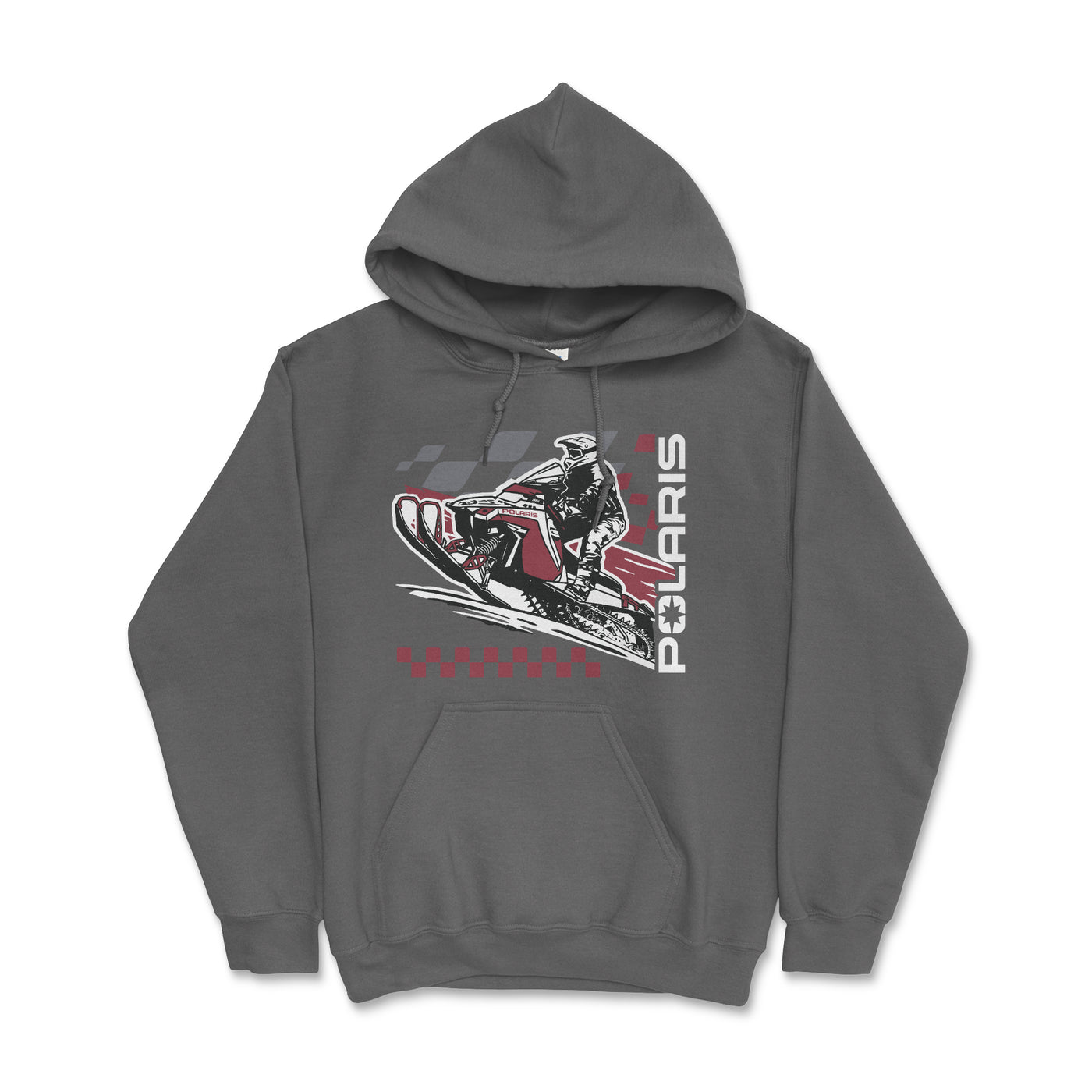 Gray hoodie with Polaris snowmobile graphic on a white background
