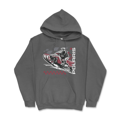 Gray hoodie with Polaris snowmobile graphic on a white background