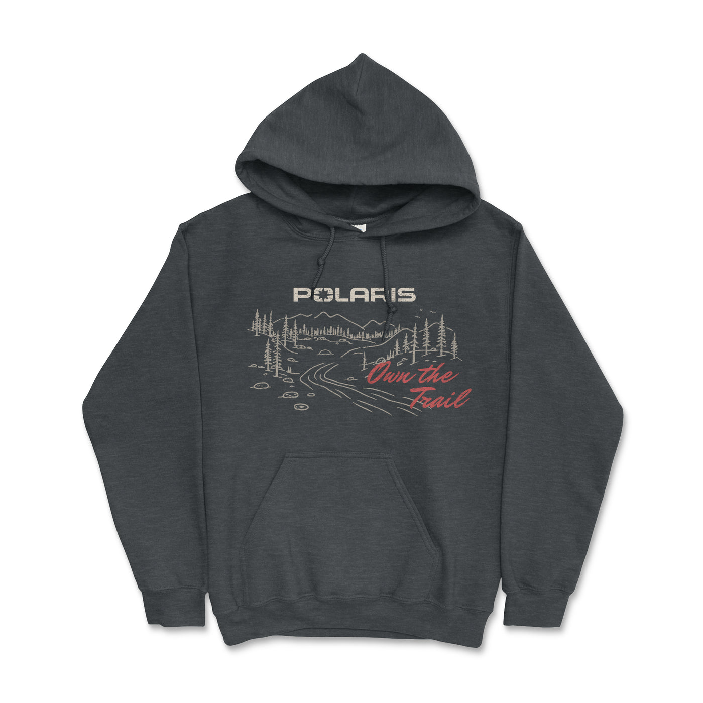 Dark gray hoodie with Polaris logo and graphic design on a white background