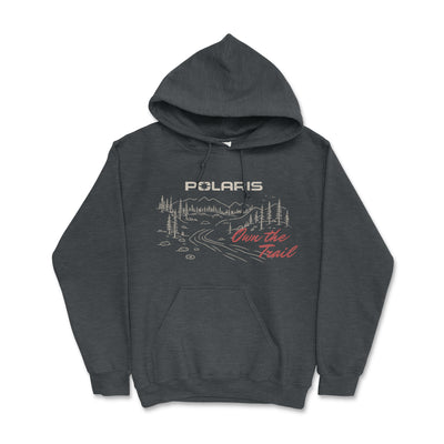 Dark gray hoodie with Polaris logo and graphic design on a white background