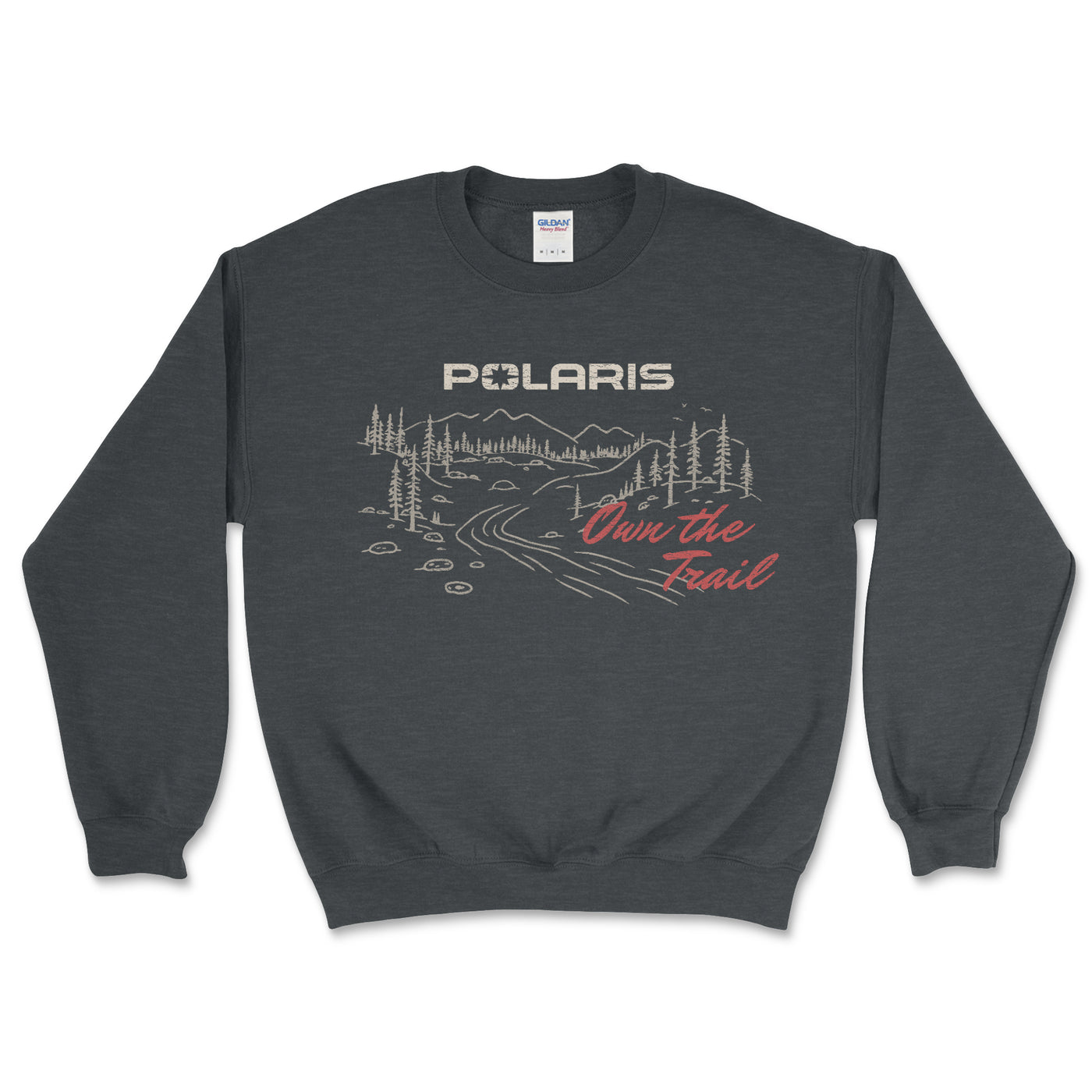 Dark gray sweatshirt with Polaris logo and graphic design on a white background