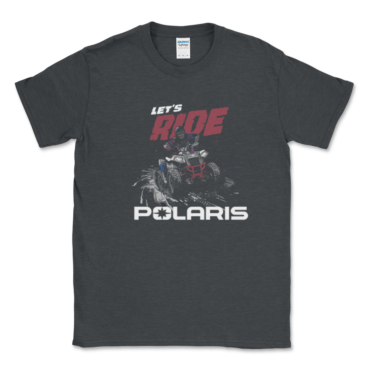 Black t-shirt with Polaris graphic and text on a white background