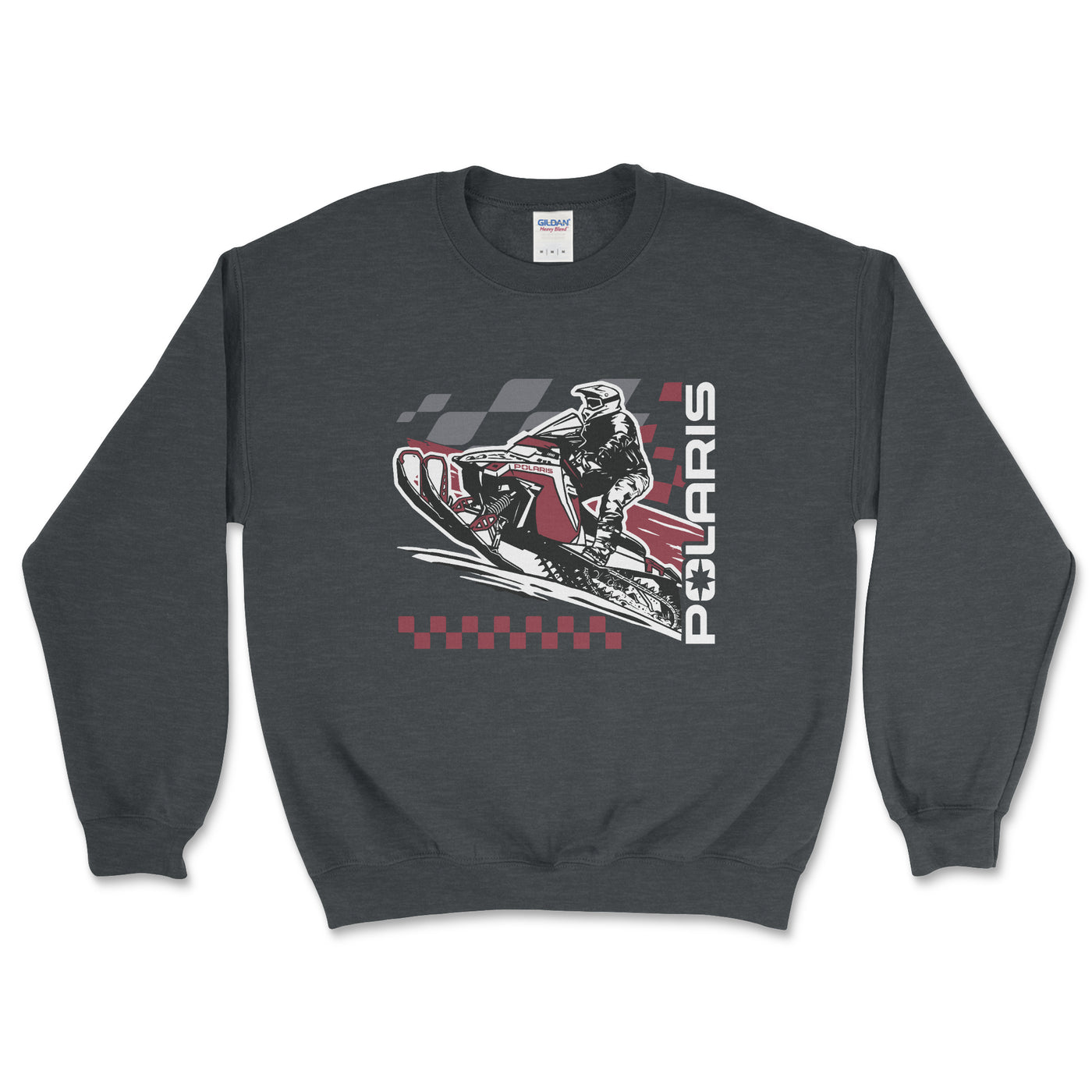 Dark gray sweatshirt with a snowmobile graphic and 'Polaris' branding on a white background