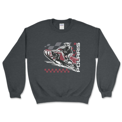 Dark gray sweatshirt with a snowmobile graphic and 'Polaris' branding on a white background