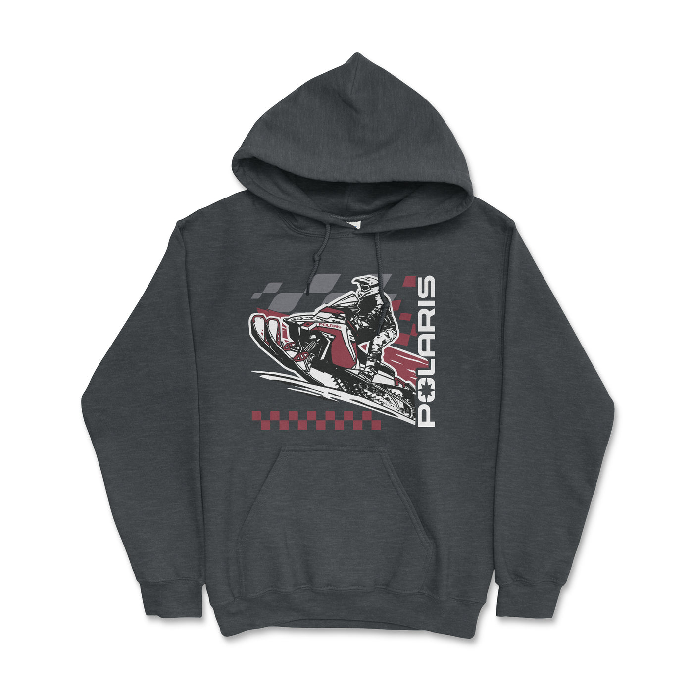 Dark gray hoodie with Polaris snowmobile graphic on a white background