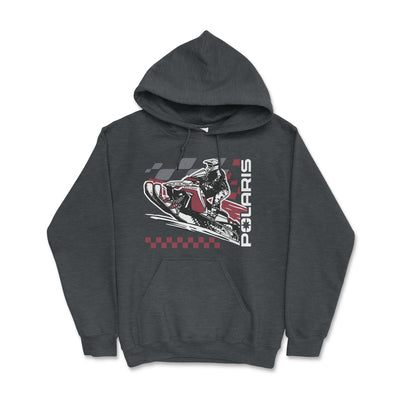 Dark gray hoodie with Polaris snowmobile graphic on a white background
