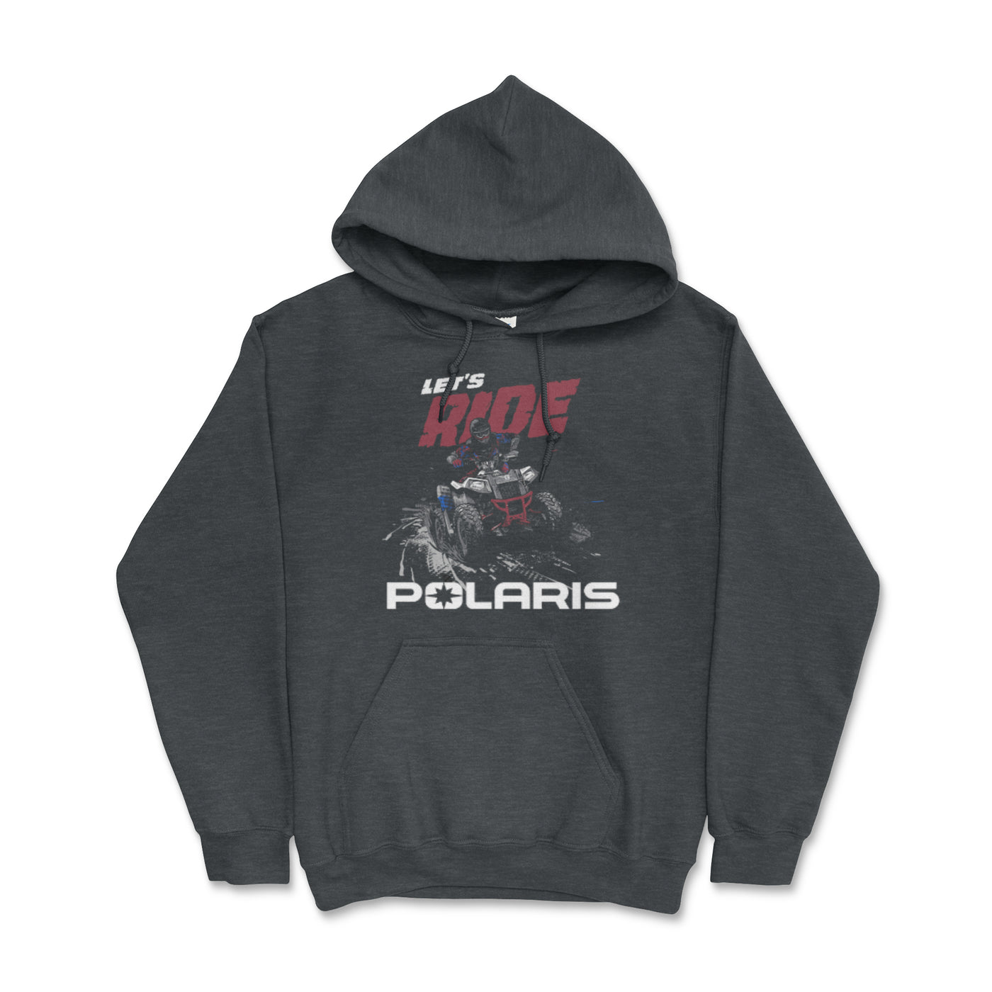 Dark gray hoodie with Polaris graphic and text on a white background