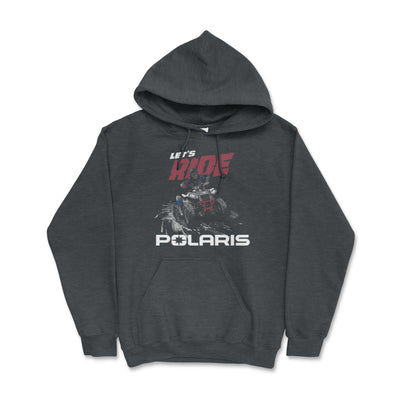 Dark gray hoodie with Polaris graphic and text on a white background