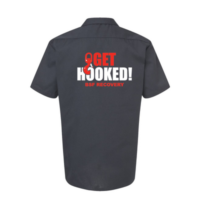 Dark gray work shirt with 'Get Hooked! BSF Recovery' text on the back against a white background