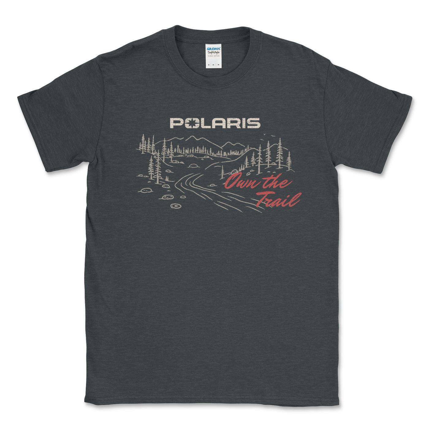Dark gray t-shirt with Polaris graphic and 'Own the Trail' text on a white background