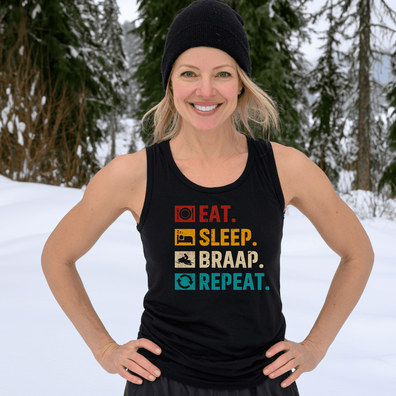 Eat. Sleep. Braap. Repeat. Racerback Tank Top - Goats Trail