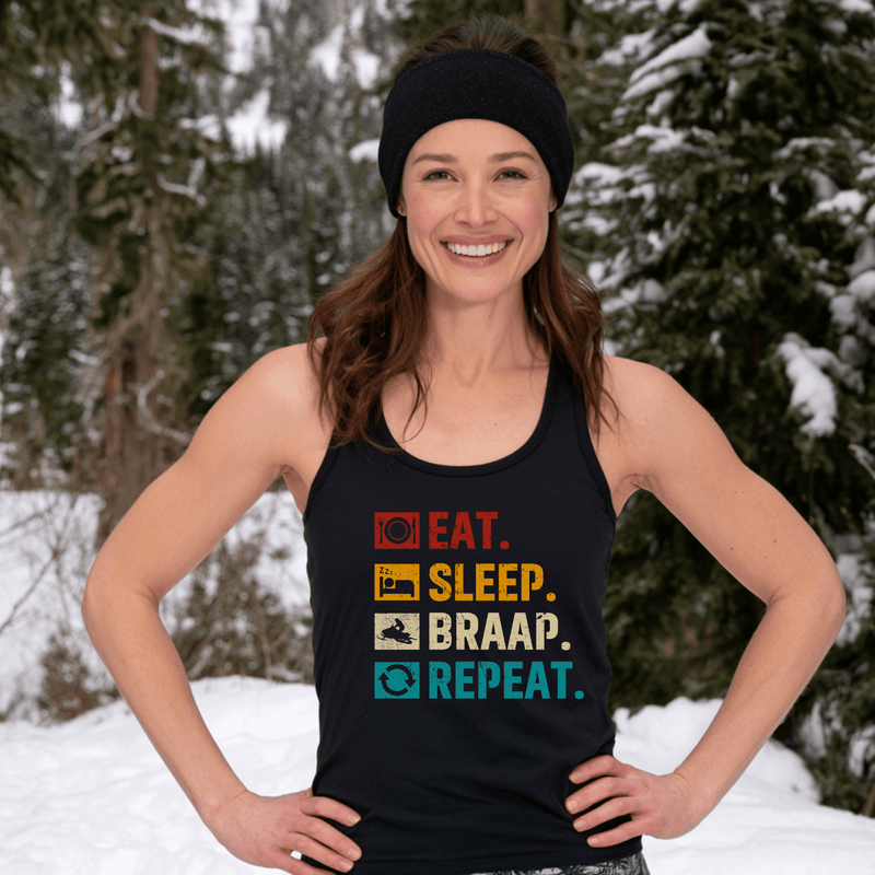 Eat. Sleep. Braap. Repeat. Racerback Tank Top - Goats Trail