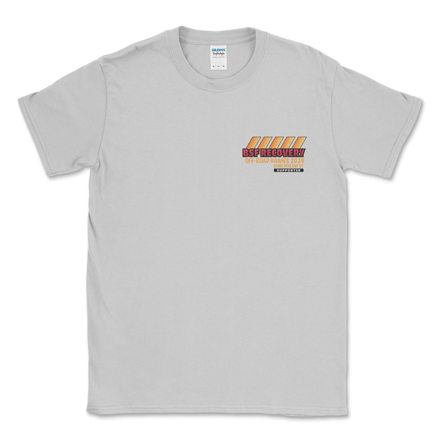 Gray t-shirt with a graphic design on a white background