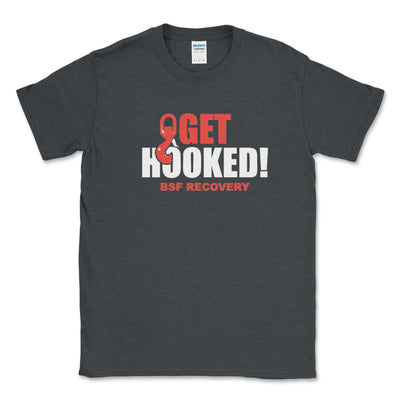 Dark gray t-shirt with 'Get Hooked! BSF Recovery' text and logo on a white background
