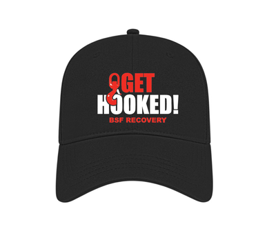 Black cap with 'Get Hooked! BSE Recovery' text on a white background