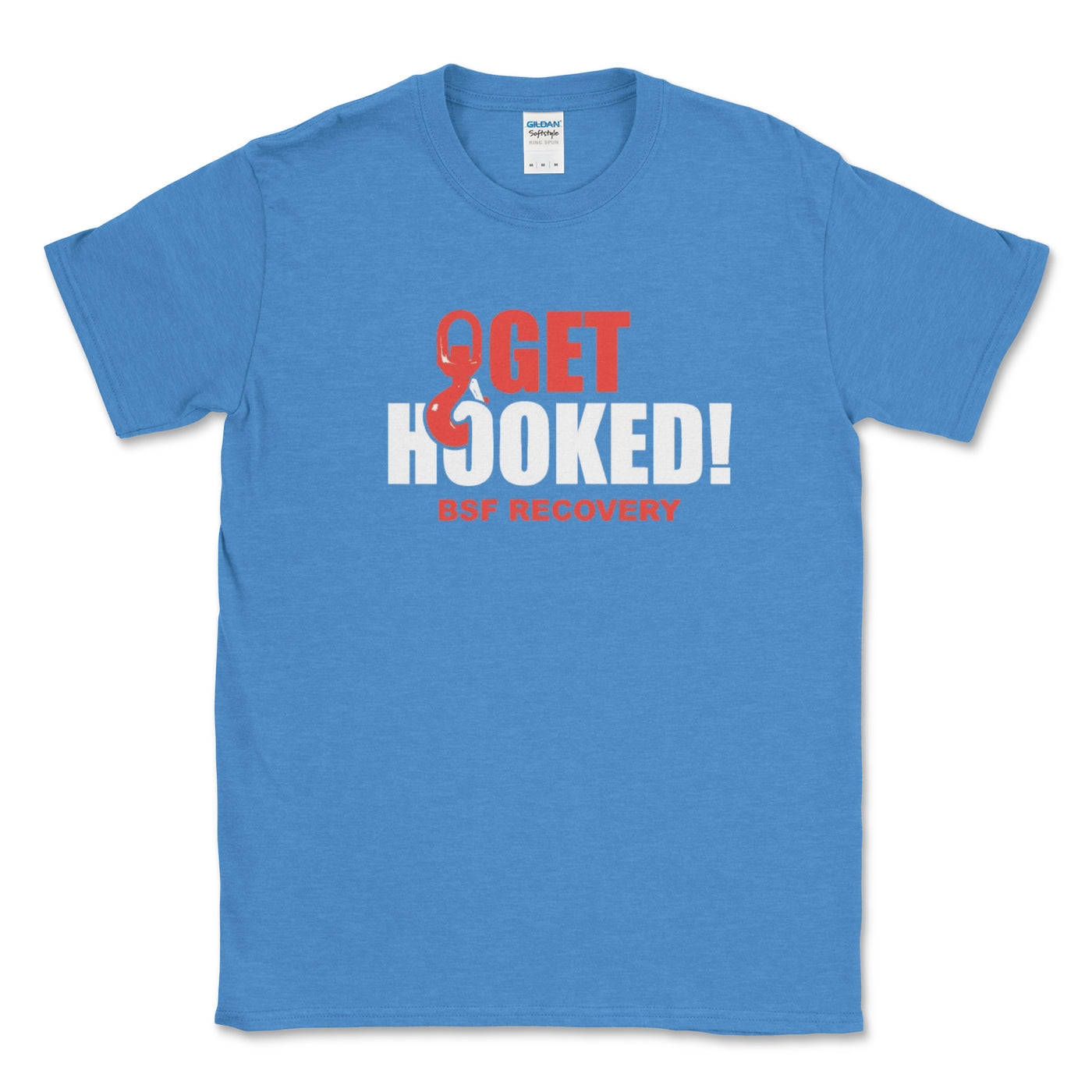 Blue t-shirt with 'Get Hooked! BFF Recovery' text and logo on a white background