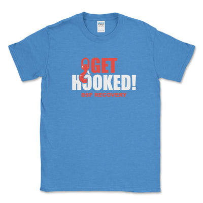 Blue t-shirt with 'Get Hooked! BFF Recovery' text and logo on a white background