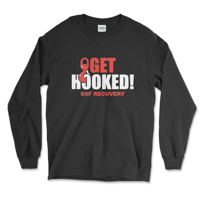 Black long-sleeve shirt with 'Get Hooked! BSF Recovery' text on a white background
