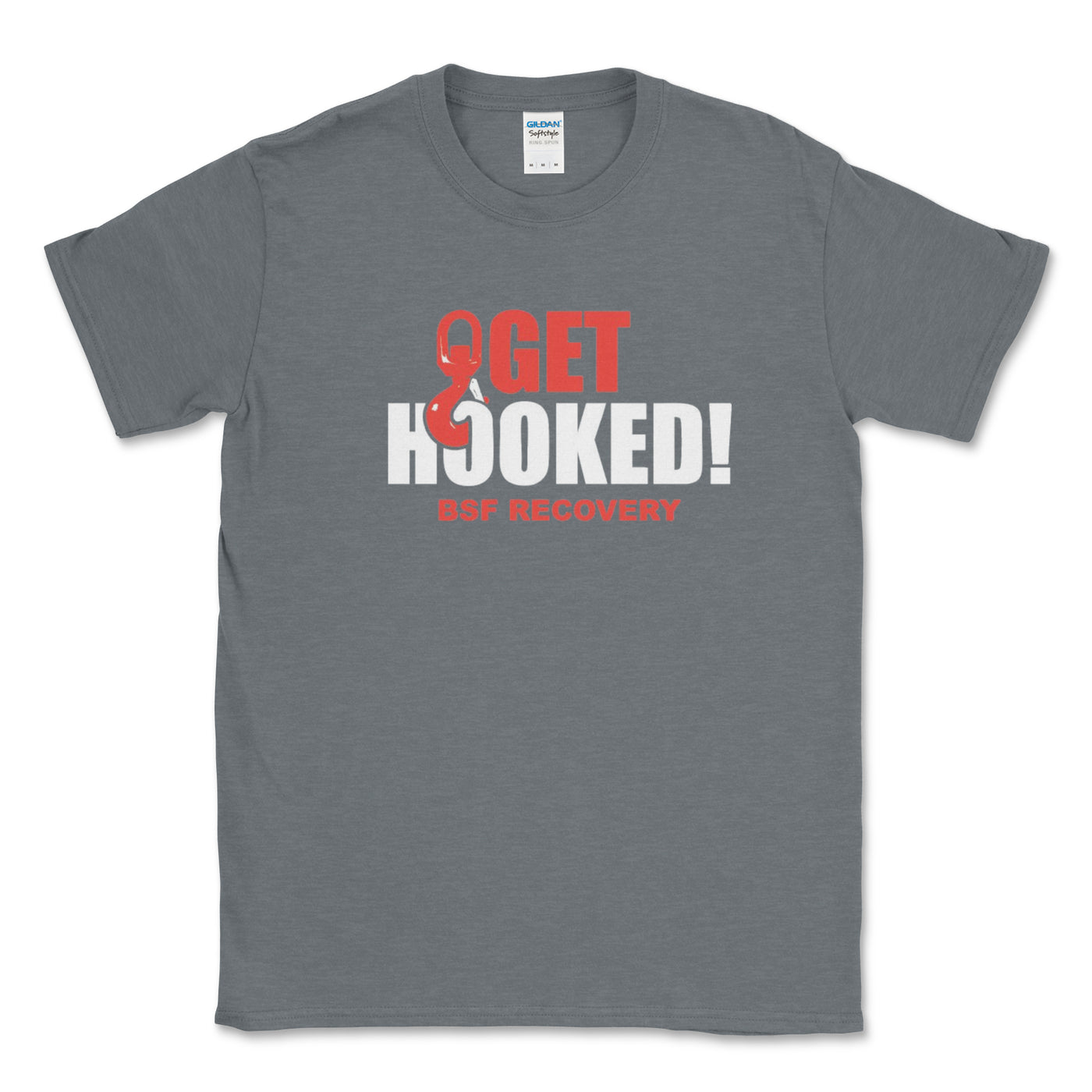 Gray t-shirt with 'Get Hooked! Off Recovery' text on a white background