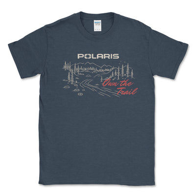 Navy blue t-shirt with Polaris graphic and 'Own the Trail' text on a white background
