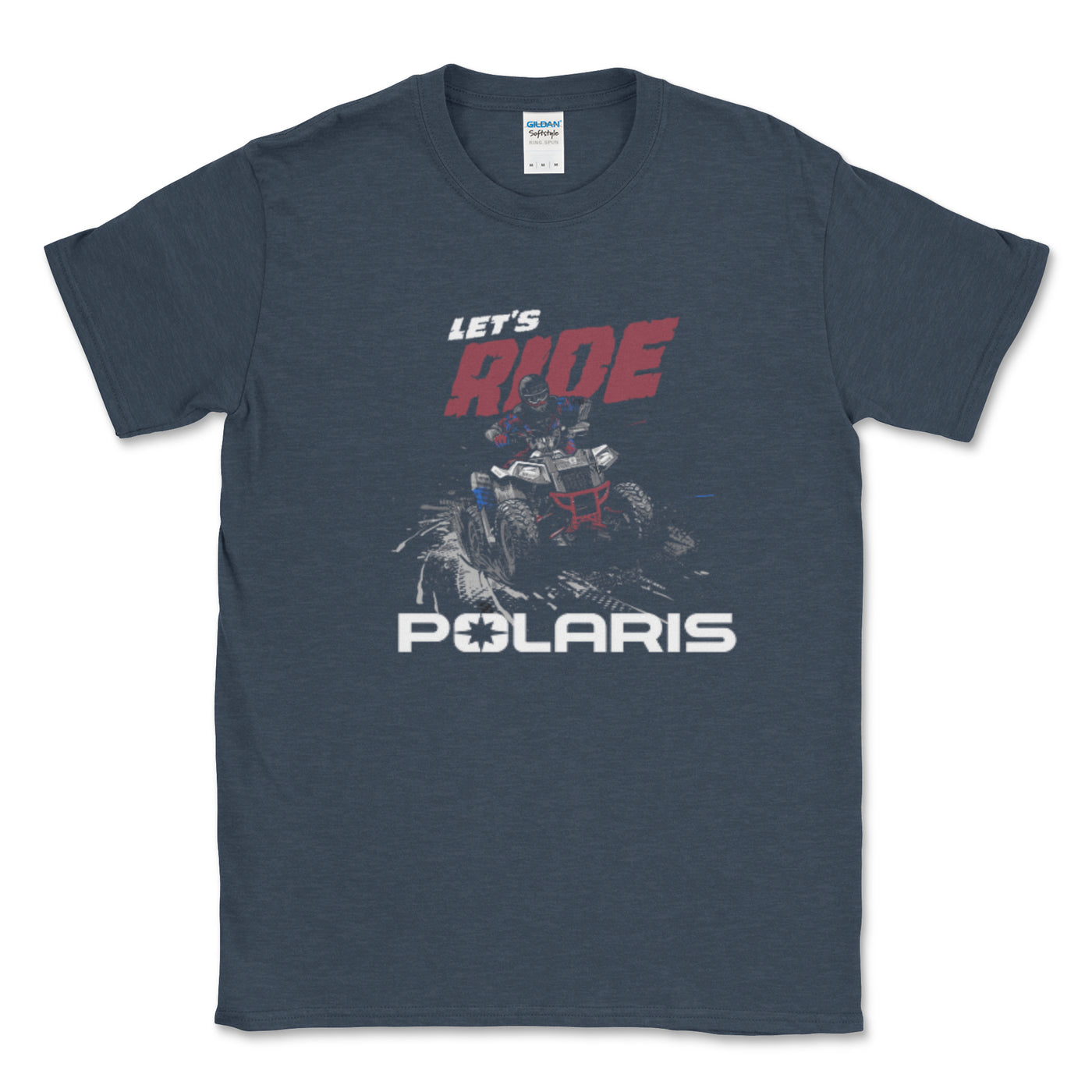 Navy blue t-shirt with Polaris graphic and text on a white background
