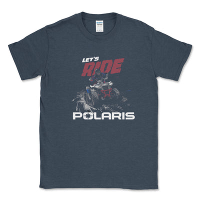 Navy blue t-shirt with Polaris graphic and text on a white background