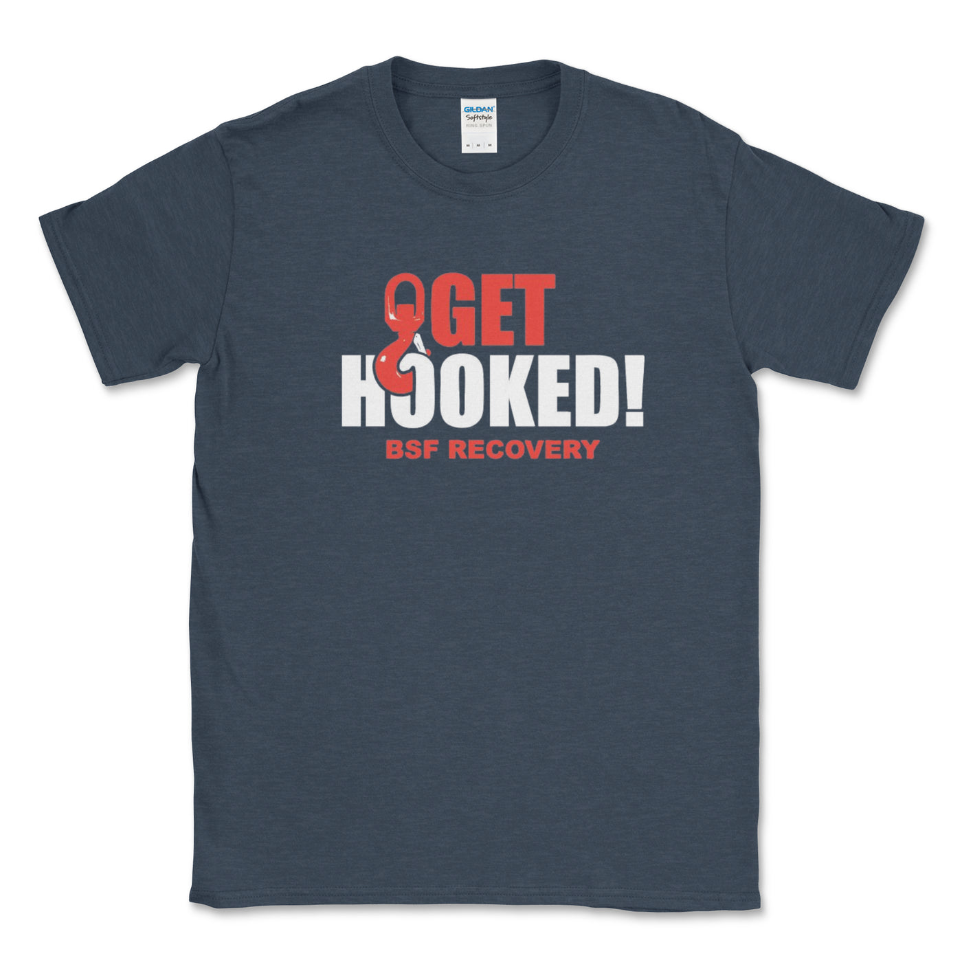 Navy blue t-shirt with 'Get Hooked! BSF Recovery' text and logo on a white background