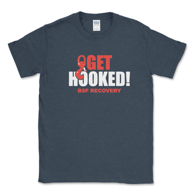 Navy blue t-shirt with 'Get Hooked! BSF Recovery' text and logo on a white background