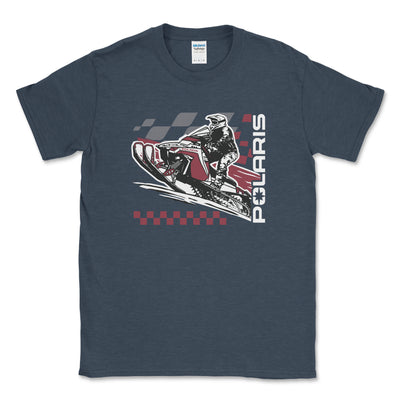 Navy blue t-shirt with Polaris snowmobile graphic on a white background