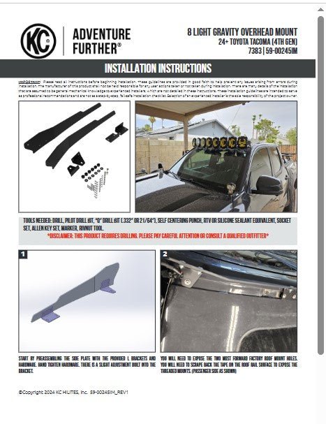 KC 2024 - 2025 Toyota Tacoma Overhead Light Bar Mount 50" Light Bar - Goats Trail