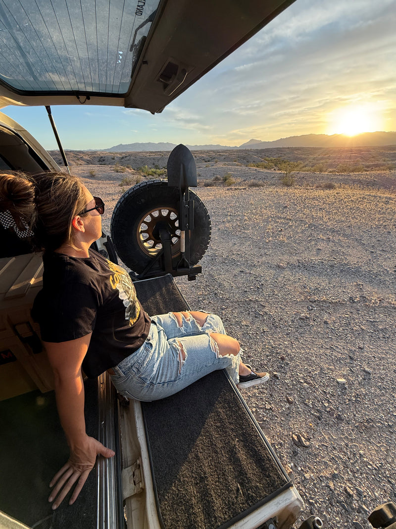Person sitting on a vehicle in a desert landscape with a sunset.