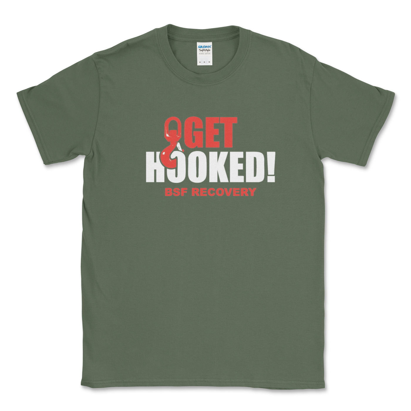 Green t-shirt with 'Get Hooked! BSE Recovery' text on a white background