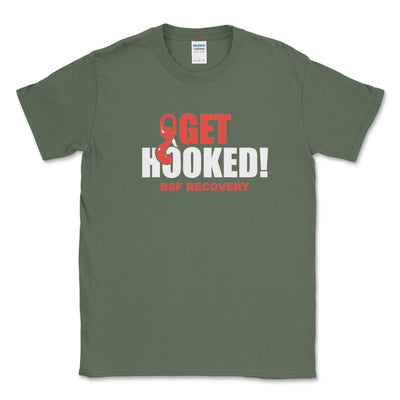 Green t-shirt with 'Get Hooked! BSE Recovery' text on a white background