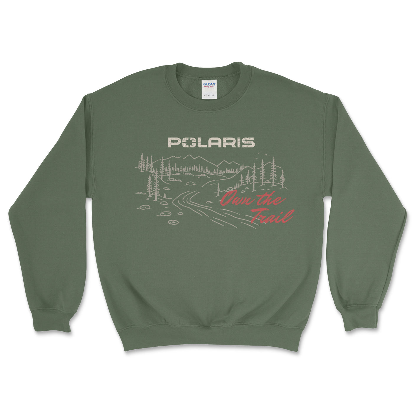 Green sweatshirt with Polaris logo and nature graphic on a white background