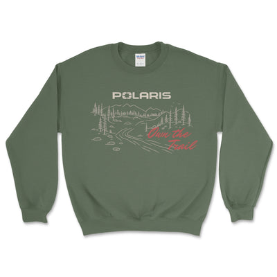 Green sweatshirt with Polaris logo and nature graphic on a white background