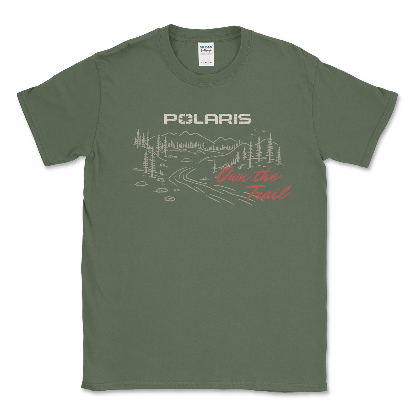 Green t-shirt with Polaris graphic and 'Own the Trail' text on a white background