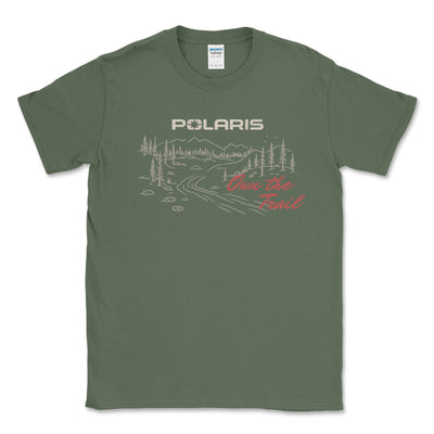 Green t-shirt with Polaris graphic and 'Own the Trail' text on a white background