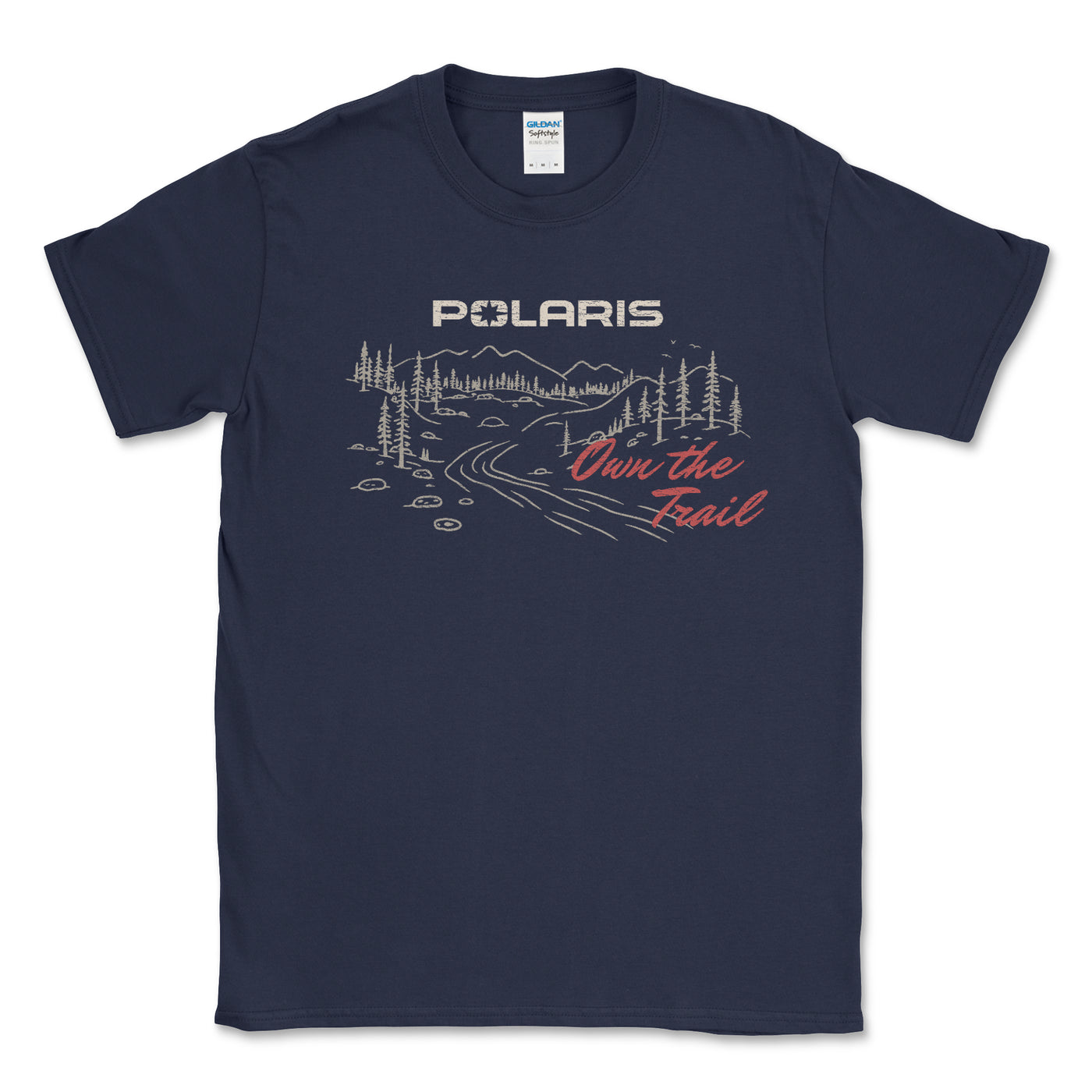 Navy blue t-shirt with Polaris graphic and 'Own the Trail' text on a white background