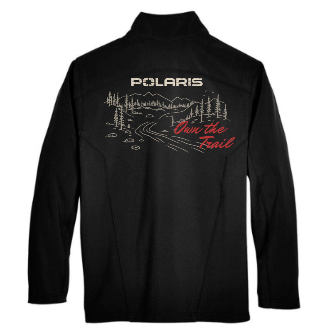 Black jacket with Polaris logo and 'Own the Trail' text on a white background