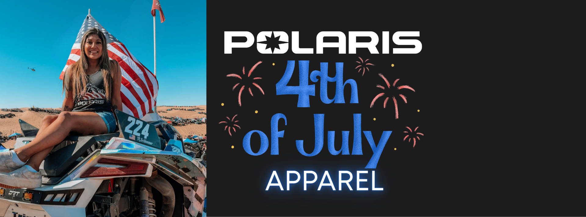 Person on an ATV with American flag, Polaris 4th of July Apparel banner.