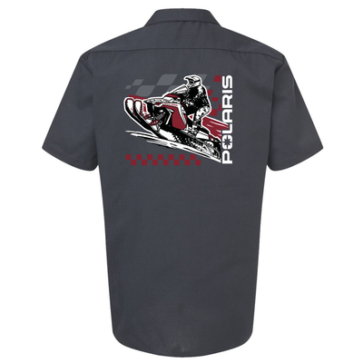 Gray work shirt with Polaris snowmobile graphic on the back