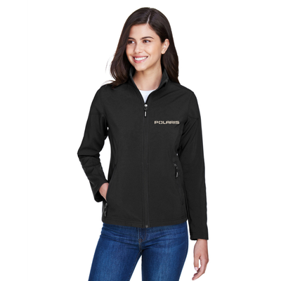 Woman wearing a black jacket with Polaris logo on a white background