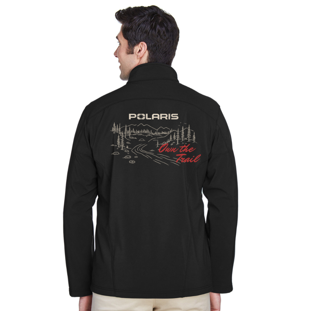 Black jacket with Polaris logo and 'On the Trail' text on a white background