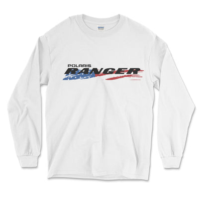 White long-sleeve shirt with Polaris Ranger graphic on a white background